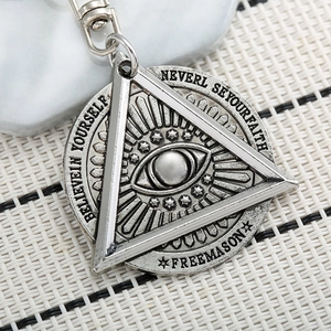 Retro silver metal Evil Eye keychain with triangle frame and lobster clasp on woven mat