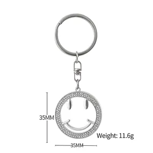 Porte-clés smiley argenté avec cristaux, diamètre 35 mm, poids 11,6 g pour sacs à dos