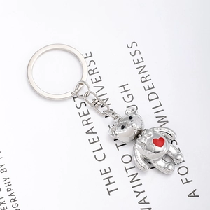 Mechanical Bear Keychain With Red Heart Silver Zinc Alloy Stitched Texture Cartoon Backpack Pendant Creative Gift For Students