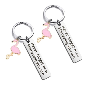 Detailansicht des Edelstahl-Schlüsselanhängers mit Flamingo und graviertem Text