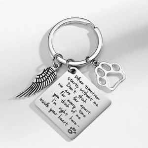 Detail of stainless steel pet memorial keychain with feather and paw print charms