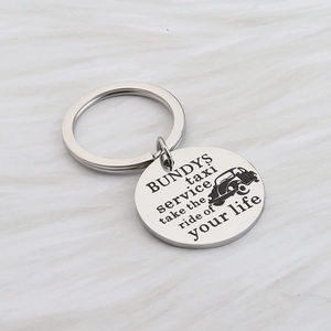 Bundys Taxi Service stainless steel keychain with vintage car engraving and round pendant