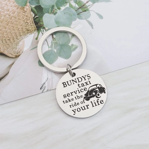 Bundys Taxi Service Take The Ride Of Your Life Stainless Steel Keychain Vintage Car Round Pendant Retro Metal Key Ring