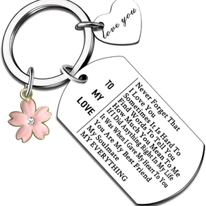Polished steel keychain with pink flower and heart pendant for romantic gift
