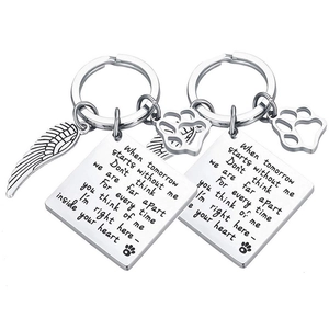 Stainless steel pet memorial keychain set with angel wings and hollow paw print pendants