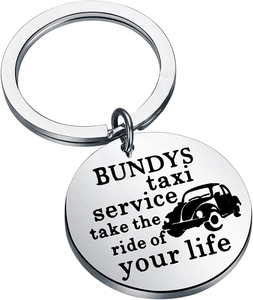 Macro detail of Bundys taxi service engraved stainless steel keychain with vintage car icon
