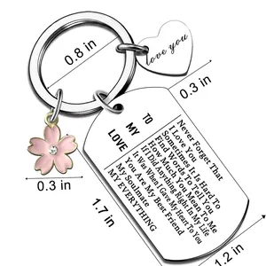 To My Love stainless steel keychain set with cherry blossom pendant and size dimensions