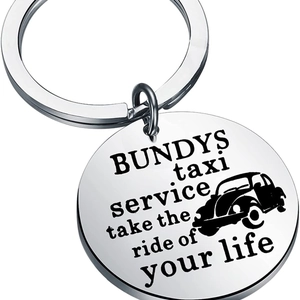 Polished Bundys Taxi Service stainless steel keychain with vintage car silhouette and quote