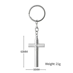 Silver cross whistle keychain with circular ring measuring 60x30mm and weighing 21g