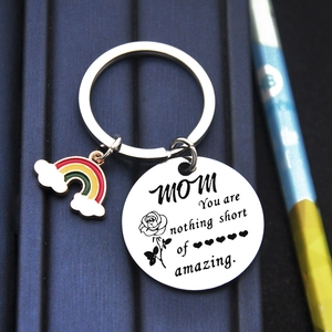 Detail of MOM stainless steel keychain with rainbow charm and engraved amazing message