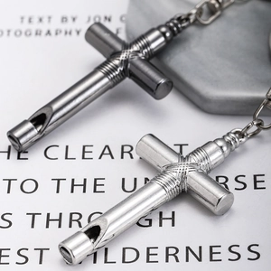 Creative silver and black cross whistle keychains with vintage industrial metal wire detail