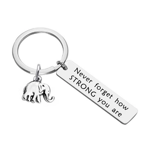 Detail of silver stainless steel keychain with elephant charm and engraved motivational tag