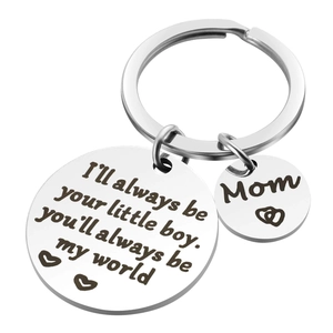 Polished stainless steel Mother's Day keychain with Mom heart charms and boy quote