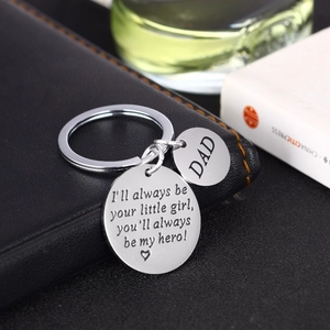 Polished stainless steel DAD keychain with sentimental quote on black leather