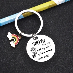 Macro view of stainless steel keychain with MOM quote and colorful rainbow pendant