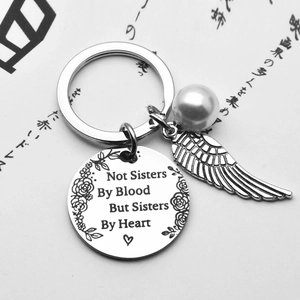 Stainless steel friendship keychain with heart pendant, angel wing and white pearl bead