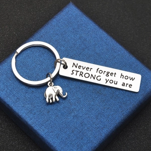 Detailed view of stainless steel keychain with elephant charm and motivational engraving