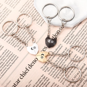 Matching Zinc Alloy Magnetic Heart Keychain For Couples Sun Moon Pattern Fashion Jewelry Accessory Gift Gold Silver Black