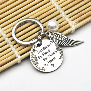 Stainless Steel Best Friend Keychain With Wing Artificial Pearl Heart Engraved Not Sisters By Blood But Sisters By Heart For Women