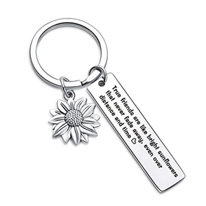 Stainless steel sunflower keychain with True Friends engraved pendant on white backdrop