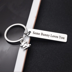 Some Bunny Loves You stainless steel keychain with cute rabbit charm and metal tag