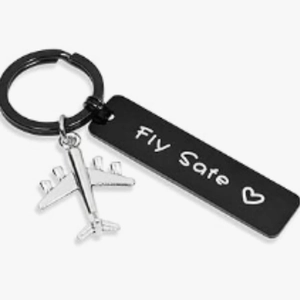Stainless steel airplane keychain with black tag engraved Fly Safe for travelers