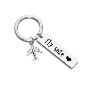 Silver stainless steel keychain with fly safe tag and airplane pendant for couples