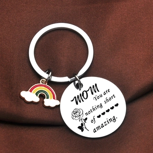 Stainless steel MOM keychain with rainbow charm and engraved rose pendant for Mother's Day gift