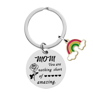 Stainless steel MOM keychain with rose engraving and rainbow charm for Mother's Day