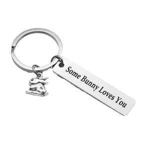 Some Bunny Loves You stainless steel keychain with a rabbit charm and engraved rectangular plate