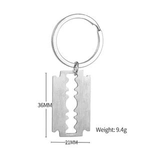 Punk style stainless steel razor blade keychain with brushed metal texture 36mm