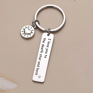 Polished stainless steel I love you keychain with heart disc and rectangular bar charm