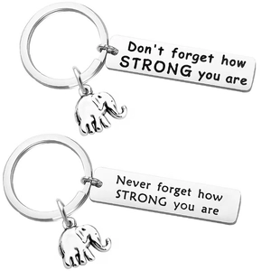 Inspirational elephant keychain set with engraved stainless steel strong quote plaques