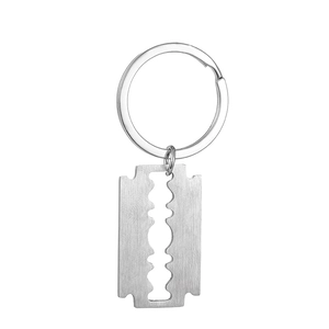 Minimalist stainless steel razor blade keychain with metallic silver brushed finish