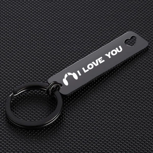 Stainless Steel Couple Keychain Rectangular Black Tag With Heart Hollow Lettering Key Ring Pendant For Valentine Gift