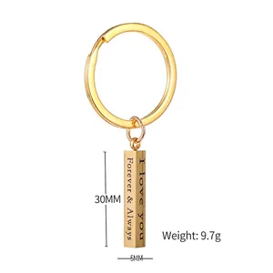 Golden cuboid stainless steel keychain engraved with I Love You and Forever Always