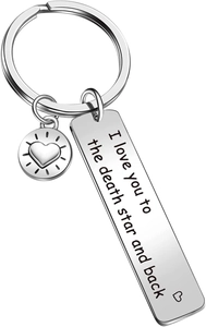 Close-up of polished stainless steel bar keychain with I Love You engraved message