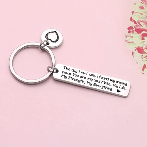 Stainless steel rectangular keychain with heart charm and engraved romantic message