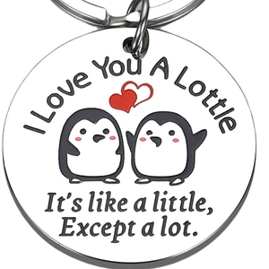 Polished silver stainless steel keychain with cute penguin pattern and red hearts