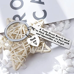 Minimalist stainless steel boss appreciation keychain with engraved tags and heart charm