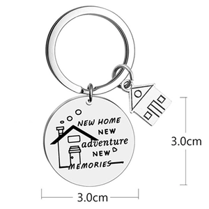 New home keychain with house charm and engraved 3.0cm stainless steel round pendant