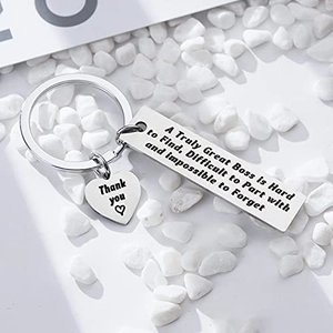 Polished stainless steel boss appreciation keychain with engraved tags on white stones