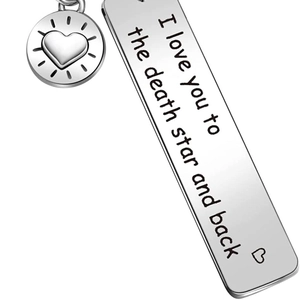 Polished stainless steel I love you to the death star and back rectangle heart keychain