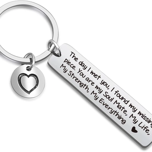 Polished stainless steel rectangular keychain with engraved text and heart pendant