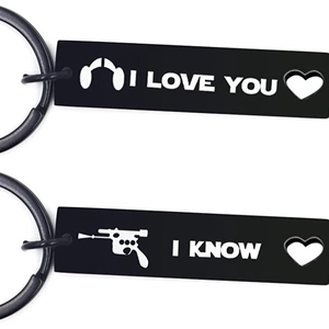 Star Wars themed couple keychain set in black rectangle with heart cutout and I Love You text