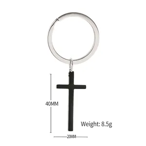 Minimalist 40x20mm black stainless steel cross keychain with silver ring for bags