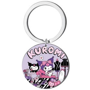 Custom round stainless steel keychain featuring Kuromi character print with silver ring