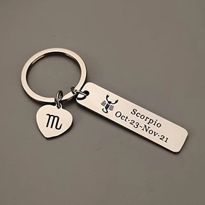 Scorpio zodiac keychain with stainless steel heart pendant and engraved date plate