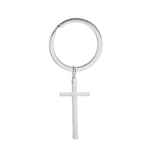 Polished stainless steel cross pendant keychain with a circular split ring on white background