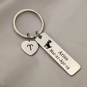 Aries zodiac stainless steel keychain with engraved heart charm and date bar tag